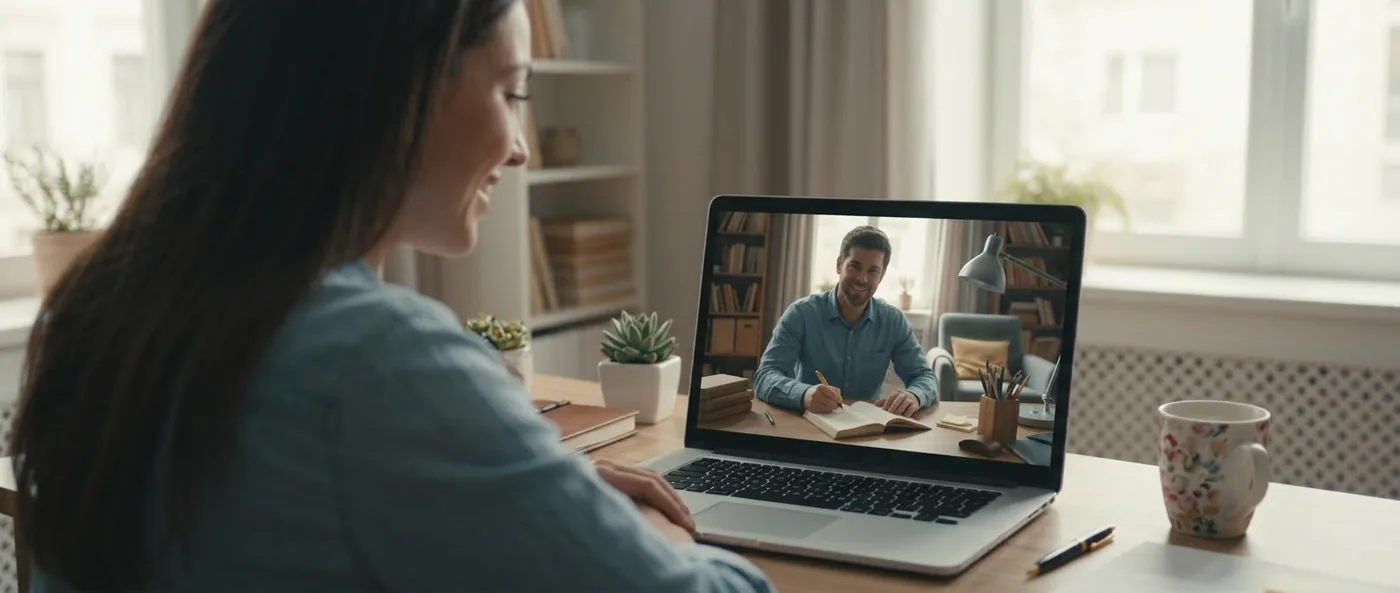 Egy fan otthon, nyitott könyvvel a kezében, a kedvenc szerzője a laptop képernyőjén