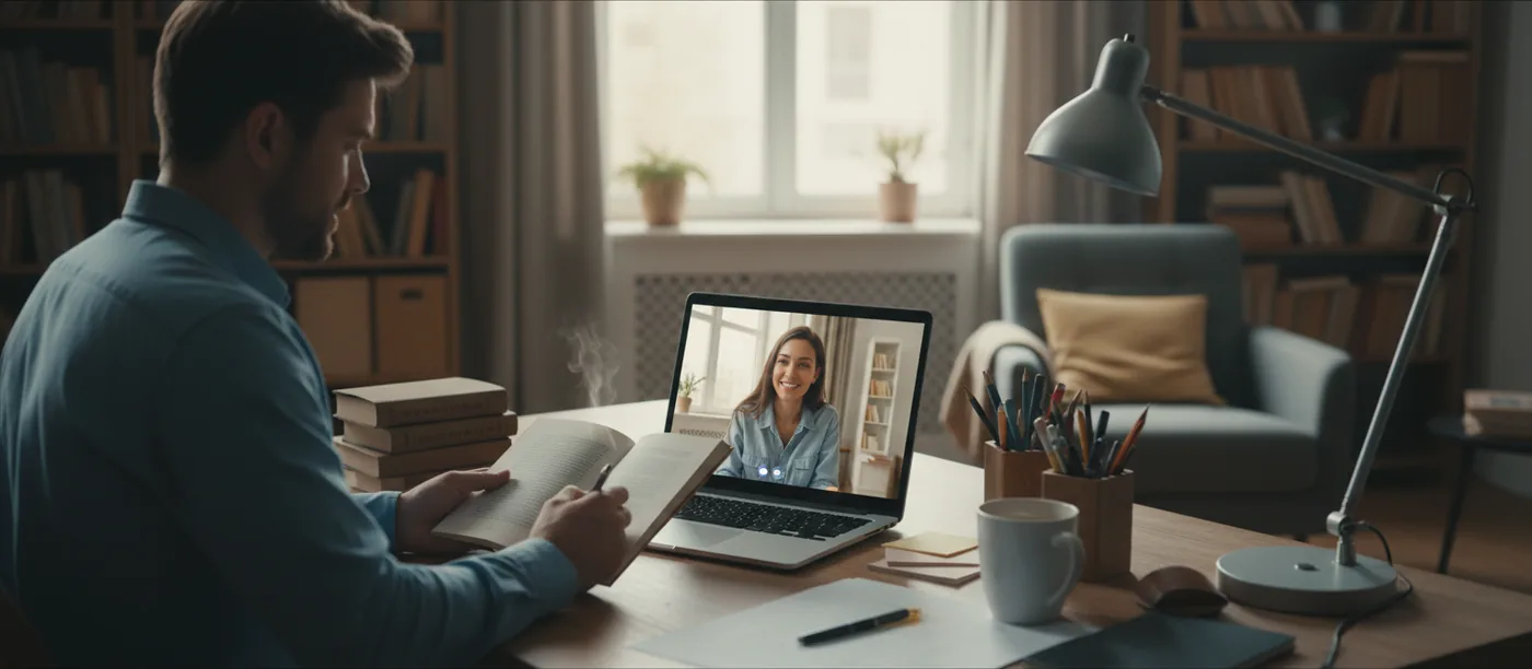 Egy szerző otthonról tartja az online dedikálási eseményt, a laptopon látszanak a résztvevők